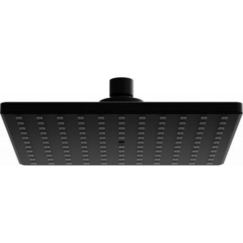 Czarna deszczownica o kwadratowym kształcie z widocznymi równomiernie rozmieszczonymi dyszami na powierzchni. Produkt ma minimalistyczny design i jest przymocowany do krótkiego ramienia montażowego.