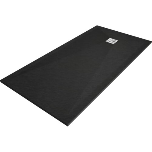 Czarny, prostokątny brodzik kompozytowy o wymiarach 200 x 90 cm z widocznym kwadratowym odpływem. Powierzchnia brodzika ma delikatną teksturę.