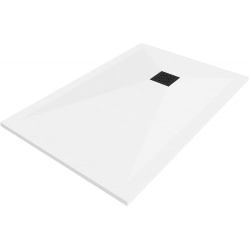 Biały, prostokątny brodzik kompozytowy o wymiarach 90 x 70 cm z czarną maskownicą w centralnej części. Powierzchnia brodzika jest gładka, z delikatnymi spadkami w kierunku maskownicy.