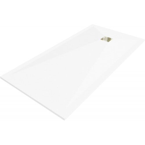 Biały, prostokątny brodzik kompozytowy o wymiarach 200 x 80 cm z widoczną złotą maskownicą odpływu. Powierzchnia brodzika jest gładka i jednolita.