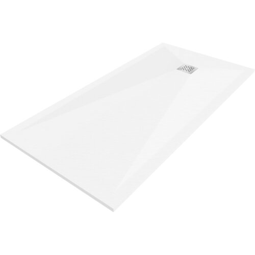 Biały, prostokątny brodzik kompozytowy o wymiarach 200 x 90 cm z widocznym kwadratowym odpływem. Powierzchnia brodzika jest gładka i jednolita.