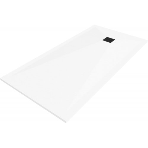 Biały, prostokątny brodzik kompozytowy o wymiarach 200 x 80 cm z czarną maskownicą. Powierzchnia brodzika jest gładka, a maskownica ma kwadratowy kształt.