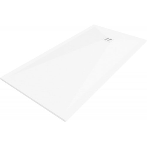 Biały, prostokątny brodzik kompozytowy o wymiarach 200 x 90 cm z widoczną białą maskownicą w kształcie kwadratu z otworami. Powierzchnia brodzika jest gładka i jednolita.
