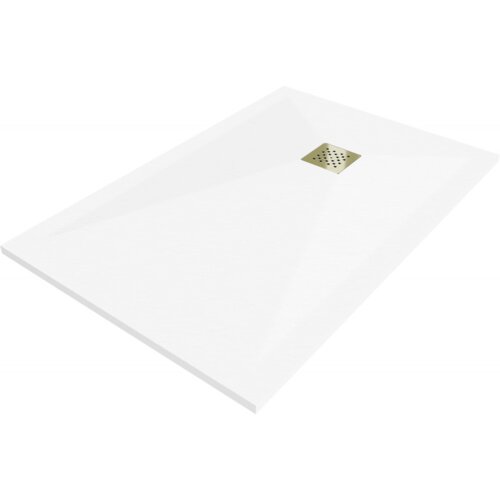 Biały, prostokątny brodzik kompozytowy o wymiarach 80 x 70 cm z widoczną złotą maskownicą odpływu. Powierzchnia brodzika jest gładka, a maskownica ma kwadratowy kształt z otworami.