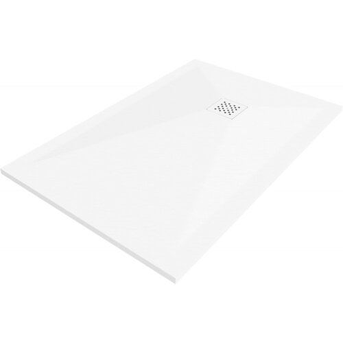 Biały, prostokątny brodzik kompozytowy o wymiarach 80 x 70 cm z centralnie umieszczoną kwadratową maskownicą odpływu. Powierzchnia brodzika jest gładka i jednolita.