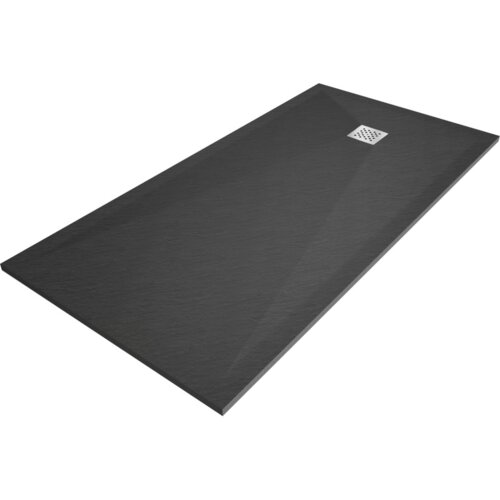 Prostokątny brodzik kompozytowy w kolorze antracytowym z widoczną teksturą powierzchni i kwadratowym odpływem w jednym z rogów. Produkt ma minimalistyczny design i gładkie krawędzie.