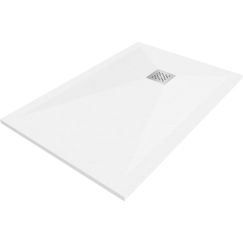 Biały, prostokątny brodzik kompozytowy o wymiarach 80 x 70 cm z centralnie umieszczonym kwadratowym odpływem. Powierzchnia brodzika jest gładka, a odpływ ma wzór z małych otworów.