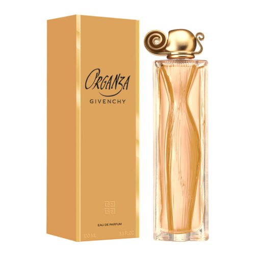 Złoty flakon perfum o pojemności 100 ml z ozdobnym korkiem, obok którego znajduje się pudełko z napisem "Organza Givenchy". Na pudełku widnieje również napis "Eau de Parfum 100 ml 3.3 FL. OZ".