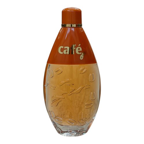 Butelka perfum o pojemności 90 ml z pomarańczowym korkiem i górną częścią, na której widnieje napis "café". Dolna część butelki jest przezroczysta z wytłoczonymi wzorami przypominającymi ziarna kawy.
