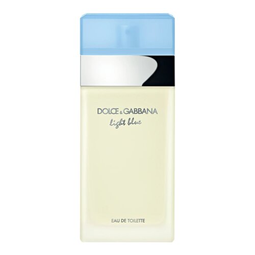 Przedstawiono prostokątną butelkę z przezroczystego szkła z niebieskim, matowym korkiem. Na butelce widnieje napis: "DOLCE & GABBANA light blue, EAU DE TOILETTE".