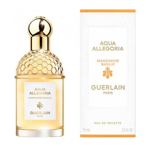 Na zdjęciu widoczna jest butelka perfum z ozdobnym złotym korkiem i etykietą z napisem "Aqua Allegoria Mandarine Basilic Guerlain Paris", obok znajduje się pudełko z tymi samymi napisami oraz grafiką pszczoły. Na dole pudełka widnieje napis "75 ml 2.5 FL OZ Eau de Toilette".