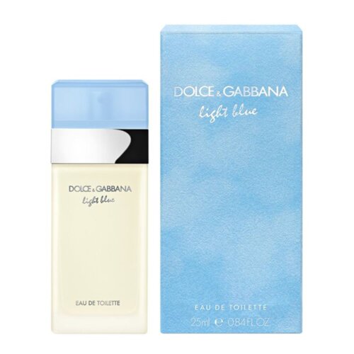 Na zdjęciu widoczna jest butelka i pudełko perfum "Dolce & Gabbana Light Blue". Na pudełku znajduje się tekst: "DOLCE & GABBANA light blue Eau de Toilette 25ml e 0.84FL.OZ".