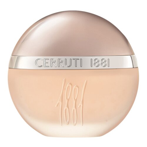 Okrągły flakon perfum z matowego szkła w odcieniach beżu i różu, z metalicznym paskiem na górze, na którym widnieje napis "CERRUTI 1881". Na przedniej części flakonu wytłoczony jest numer "1881".