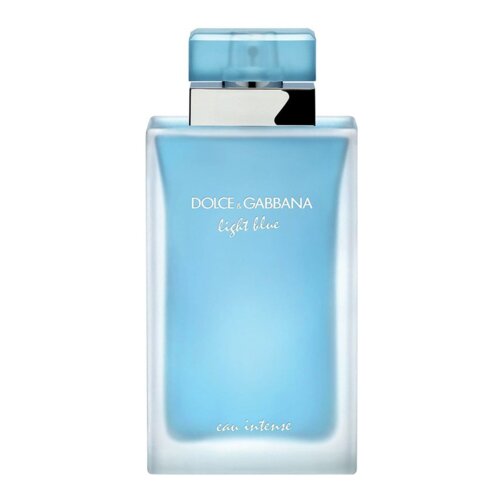 Prostokątna butelka z niebieskiego szkła z przezroczystą nakrętką, na której widnieje napis "Dolce & Gabbana Light Blue eau intense".