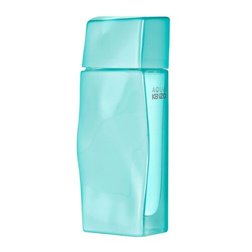 Turkusowy flakon perfum o prostokątnym kształcie z napisem "AQUA KENZO" na powierzchni. Flakon ma gładką, lekko falistą powierzchnię i przezroczysty wygląd.