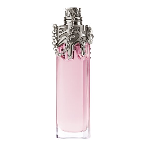 Butelka perfum o różowym płynie, z ozdobnym, srebrnym korkiem i łańcuszkiem. Produkt to "Mugler Womanity woda perfumowana 80 ml - Refillable".