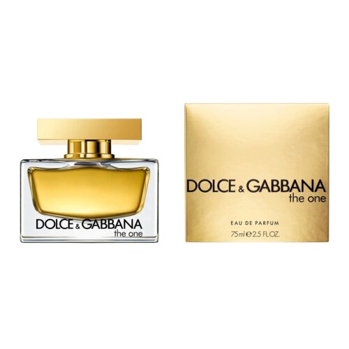 Flakon perfum o złotym zabarwieniu z napisem "Dolce & Gabbana The One" obok złotego pudełka z tym samym napisem. Na pudełku widnieje dodatkowy tekst: "Eau de Parfum 75 ml e 2.5 FL.OZ.".
