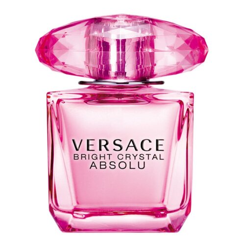Różowy flakon perfum z przezroczystym, ozdobnym korkiem, na którym widnieje napis: "VERSACE BRIGHT CRYSTAL ABSOLU".