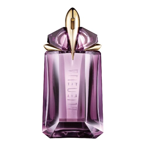 Fioletowy flakon perfum o geometrycznym kształcie z elementami w kolorze złotym, na którym widnieje napis "ALIEN".