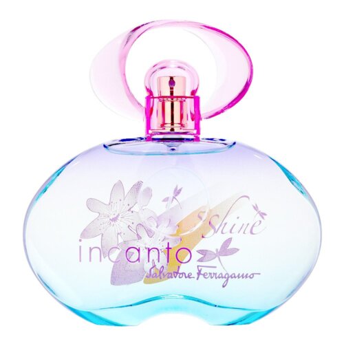 Butelka perfum o opływowym kształcie z różowym korkiem, ozdobiona grafiką kwiatów i napisem "incanto Shine Salvatore Ferragamo". Kolorystyka butelki przechodzi od błękitu do fioletu.