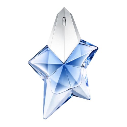 Na zdjęciu widoczny jest flakon perfum w kształcie gwiazdy, wykonany z przezroczystego, niebieskiego szkła z metalicznym wykończeniem na górze. Flakon ma geometryczne, ostre krawędzie i błyszczącą powierzchnię.