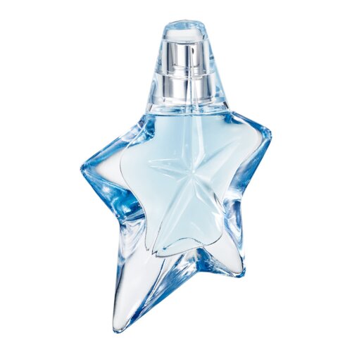 Przezroczysty flakon w kształcie gwiazdy, wypełniony jasnoniebieskim płynem, z metalicznym atomizerem na górze. Produkt to "Mugler Angel woda perfumowana 15 ml - Refillable".