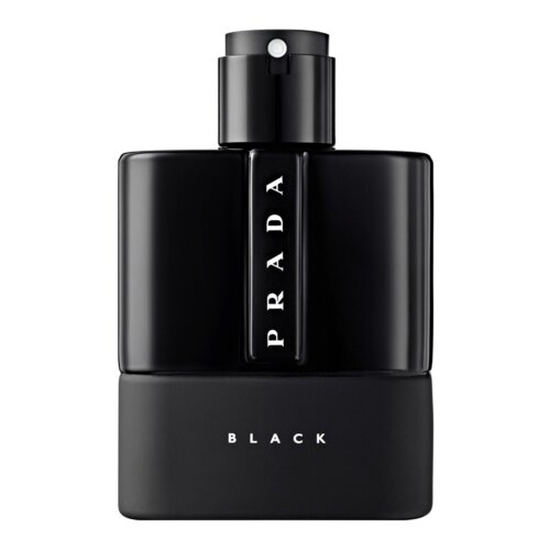Czarne opakowanie perfum z białym napisem "PRADA" w pionie oraz "BLACK" w poziomie na dolnej części flakonu. Flakon ma prosty, elegancki design z widocznym atomizerem na górze.