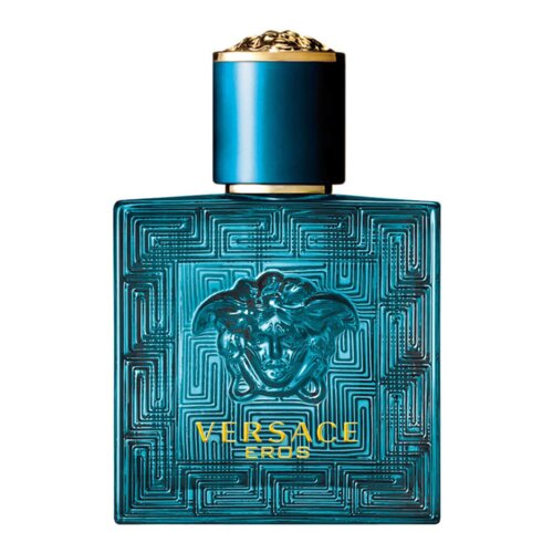 Kwadratowy flakon w kolorze turkusowym z wytłoczonym wzorem i wizerunkiem Meduzy, z napisem "VERSACE EROS" w kolorze złotym. Korek flakonu jest również turkusowy z złotymi elementami na górze.