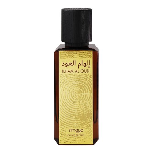 Brązowa butelka perfum z czarnym korkiem, na której znajduje się złota etykieta z tekstem: "ILHAM AL OUD" oraz "zimaya eau de parfum". Etykieta ma wzór przypominający odcisk palca.