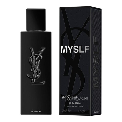 Czarne opakowanie perfum z dużym, srebrnym napisem "MYSLF" oraz logo "YSL" na butelce. Na dole opakowania widnieje napis "Yves Saint Laurent Le Parfum Vaporisateur - Spray 60 ml".