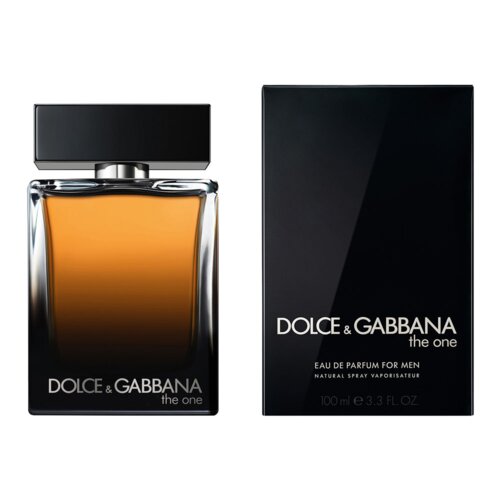 Na zdjęciu widoczna jest butelka perfum o prostokątnym kształcie z ciemnym korkiem oraz opakowanie z napisem "Dolce & Gabbana the one". Na opakowaniu znajduje się również tekst: "Eau de Parfum for Men Natural Spray Vaporisateur 100 ml e 3.3 FL. OZ".