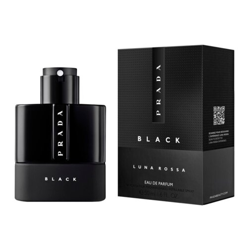 Czarne opakowanie i flakon perfum z białym napisem "PRADA BLACK" oraz "LUNA ROSSA" na obu elementach. Na opakowaniu widoczny jest również napis "EAU DE PARFUM" oraz pojemność "50 ml / 1.6 FL. OZ.".