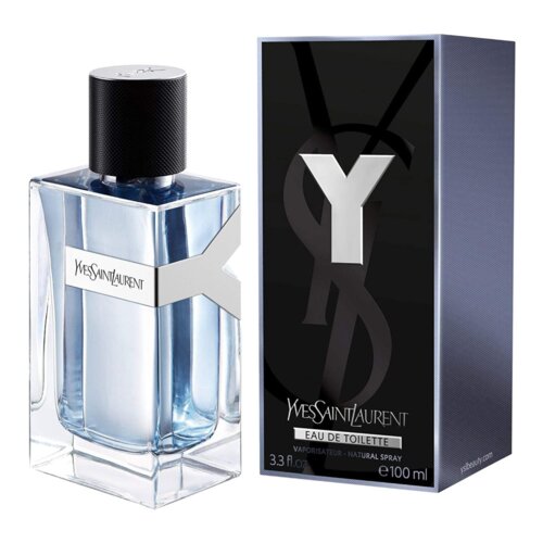 Na zdjęciu widoczna jest butelka wody toaletowej o pojemności 100 ml oraz jej opakowanie. Na opakowaniu i butelce znajduje się napis "Yves Saint Laurent" oraz duża litera "Y".