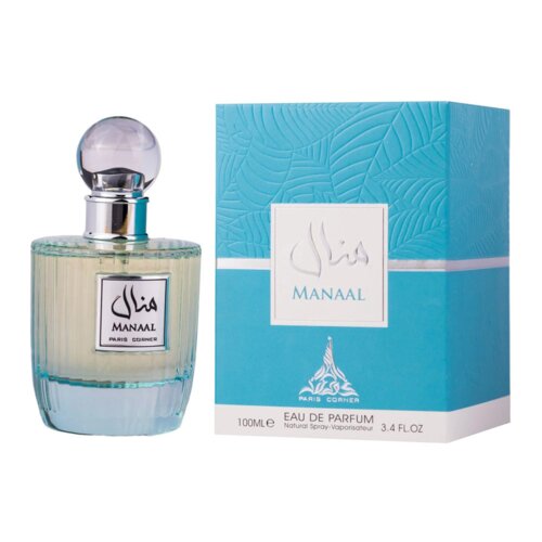 Flakon perfum o pojemności 100 ml z przezroczystym korkiem i etykietą z napisem "Manaal Paris Corner" stoi obok niebieskiego pudełka z wytłoczonym wzorem liści i napisem "Manaal". Na pudełku widnieje również napis "100ML EAU DE PARFUM Natural Spray-Vaporisateur 3.4 FL.OZ" oraz logo "Paris Corner".