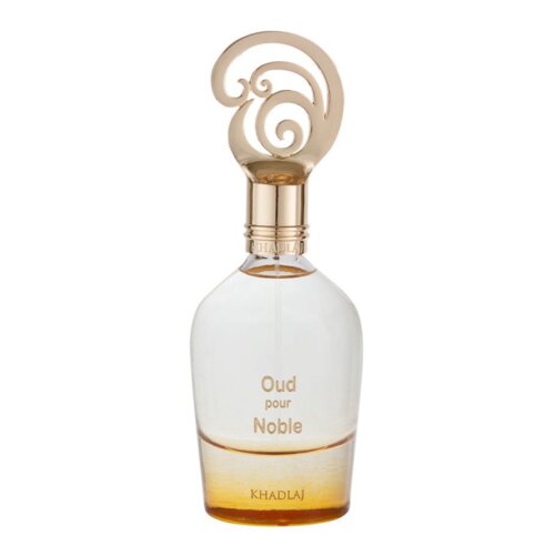 Butelka perfum o eleganckim designie z ozdobnym złotym korkiem, na której widnieje napis "Oud pour Noble" oraz "KHADLAJ". Woda perfumowana ma pojemność 100 ml.