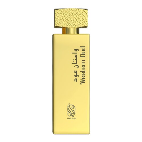 Złoty flakon perfum o prostokątnym kształcie z teksturą na zakrętce, z napisem "Western Oud" oraz logo "NYLAA" na dole. Na flakonie widoczny jest również tekst w języku arabskim.