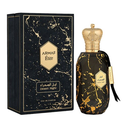 Czarne opakowanie i flakon perfum z marmurkowym wzorem w złotym kolorze, z widocznym napisem "ARMAF Éter Desert Night" oraz "EAU DE PARFUM". Flakon ma złotą nakrętkę w kształcie korony i zawieszkę z napisem "ARMAF".