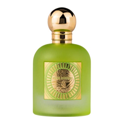 Zielona butelka perfum z matowym wykończeniem i złotym korkiem, na której znajduje się złota etykieta z napisem "Pear Potion Emir".