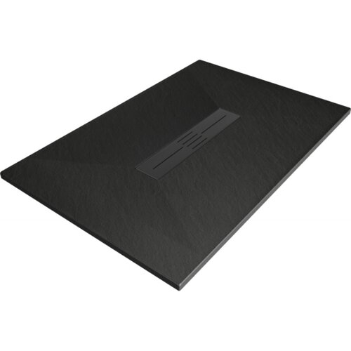 Czarny, prostokątny brodzik z centralnie umieszczoną maskownicą w tym samym kolorze, o teksturowanej powierzchni. Produkt ma wymiary 140 x 90 cm.