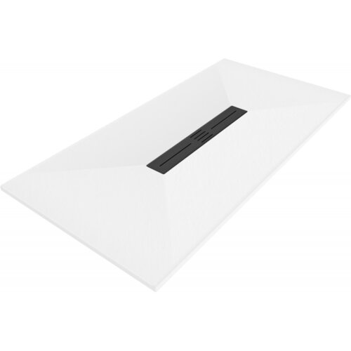 Biały, prostokątny brodzik z czarną maskownicą pośrodku, o gładkiej powierzchni i minimalistycznym designie. Produkt to "Mexen Toro brodzik prostokątny SMC 160 x 90 cm, biały, maskownica czarna - 43109016-B".