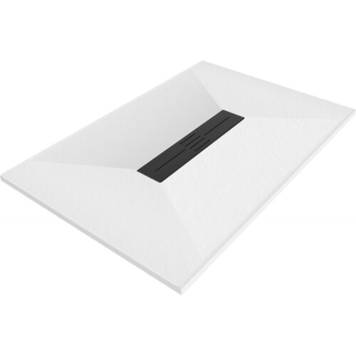 Biały, prostokątny brodzik z czarną maskownicą pośrodku, o gładkiej powierzchni i minimalistycznym designie. Produkt wykonany z materiału SMC, o wymiarach 140 x 90 cm.