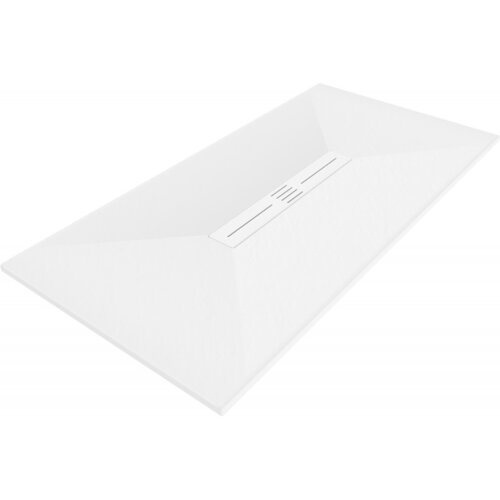 Biały, prostokątny brodzik z centralnie umieszczoną maskownicą w kolorze białym, o gładkiej powierzchni i minimalistycznym designie. Produkt ma wymiary 180 x 80 cm.