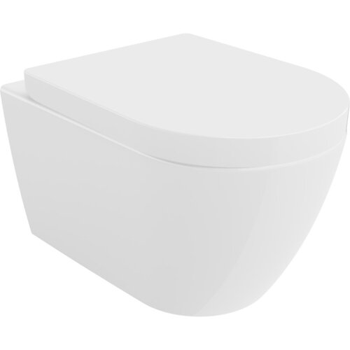 Biała, połyskująca miska WC bez kołnierza z twardą, wolnoopadającą deską. Produkt ma nowoczesny, minimalistyczny design.