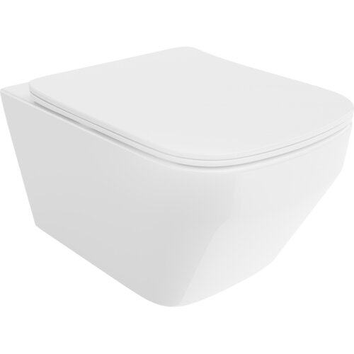 Na zdjęciu znajduje się biała, połyskująca miska WC z deską wolnoopadającą typu slim, wykonana z duroplastu. Produkt ma nowoczesny, minimalistyczny design bez widocznych elementów montażowych.