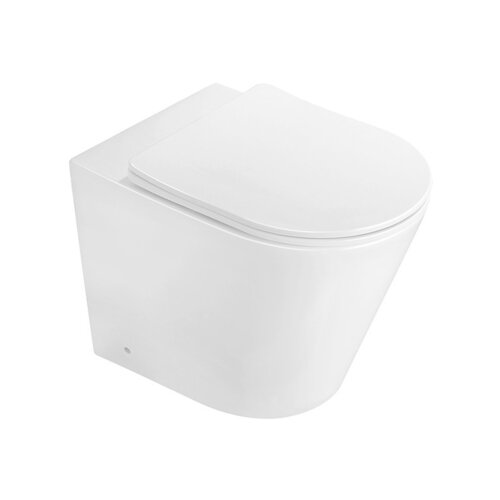Biała, połyskująca miska WC stojąca z deską wolnoopadającą typu slim, wykonana z duroplastu. Produkt ma nowoczesny, minimalistyczny design bez widocznych elementów montażowych.