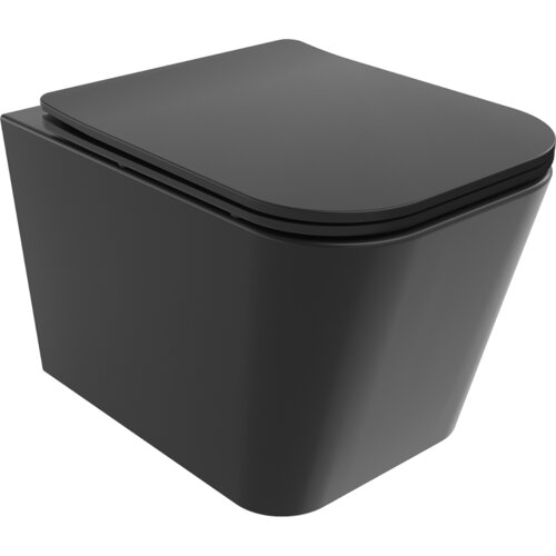 Czarna, matowa miska WC o prostokątnym kształcie z deską wolnoopadającą typu slim. Produkt wykonany z duroplastu, prezentuje nowoczesny design bez widocznych elementów montażowych.