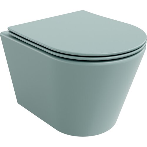Na zdjęciu znajduje się jasnozielona, matowa miska WC typu rimless z wolnoopadającą deską slim, wykonana z duroplastu. Produkt ma nowoczesny, minimalistyczny design.