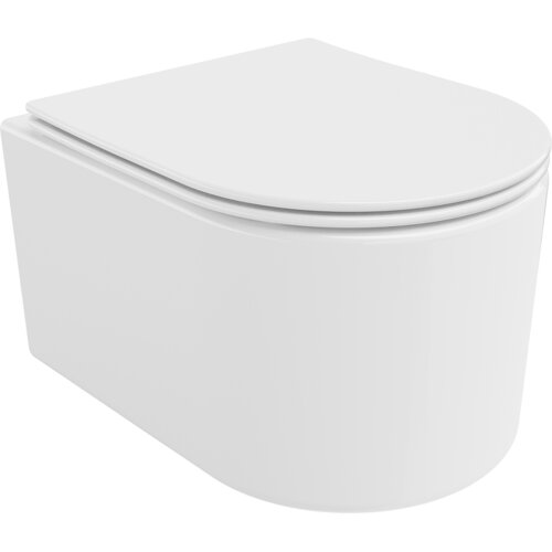 Biała, połyskująca miska WC typu Rimless z wolnoopadającą deską slim, wykonana z duroplastu. Produkt ma nowoczesny, zaokrąglony kształt i gładką powierzchnię.