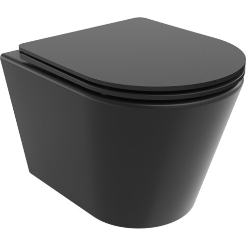 Czarna, matowa miska WC typu rimless z wolnoopadającą deską slim, wykonana z duroplastu. Produkt ma nowoczesny, minimalistyczny design.