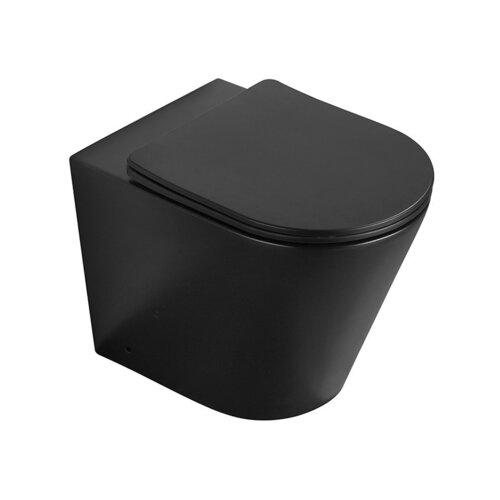 Czarna, matowa miska WC stojąca z deską wolnoopadającą typu slim, wykonana z duroplastu. Produkt ma nowoczesny, minimalistyczny design bez widocznych elementów montażowych.